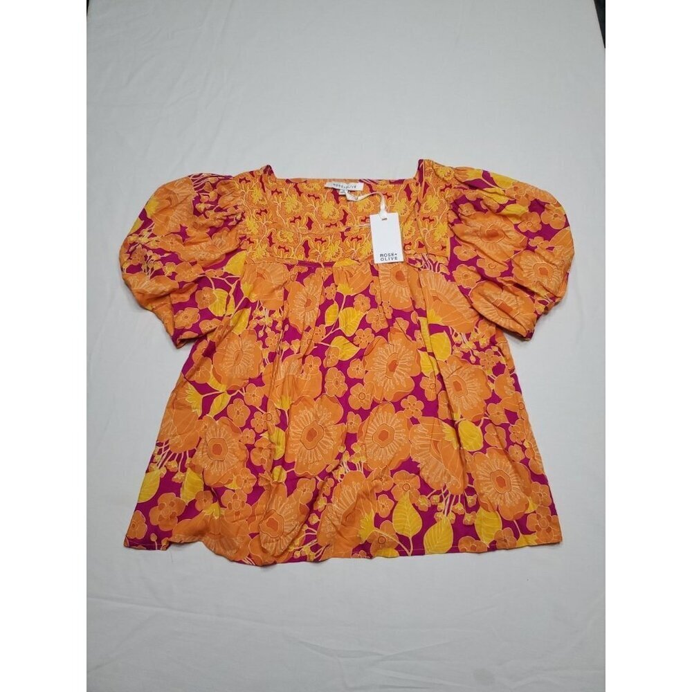 Rose & Olive Top Womens Size M Orange Short Sleeve Floral Boho Button NWT